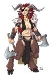  axe barbarian big_breasts breasts brown_eyes caprine cleavage clothed clothing cloven_hooves dalehan digitigrade dual_wielding eye_patch eyewear female hair holding_object holding_weapon hooves horn humanoid jewelry loincloth mammal melee_weapon midriff muscular muscular_female necklace red_hair satyr solo weapon 