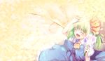  :d ^_^ ascot blush closed_eyes daiyousei dress flower green_hair hair_ribbon holding holding_flower kaiza_(rider000) open_mouth revision ribbon side_ponytail smile solo touhou wings 