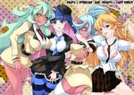  ahoge arm_around_neck belt beret blazer blonde_hair blue_eyes blue_hair bra breasts bxssp754 character_name cleavage demon_girl fangs frame frilled_sleeves frills green_eyes green_hair hat horn horns impossible_clothes jacket kneesocks_(psg) large_breasts long_hair long_sleeves multicolored_hair multiple_girls necktie outstretched_hand panty_&amp;_stocking_with_garterbelt panty_(psg) plaid plaid_skirt ponytail red_skin scanty_(psg) school_uniform siblings sisters skirt star starry_background stocking_(psg) striped striped_legwear thick_thighs thighhighs thighs tongue tongue_out two-tone_hair unbuttoned underwear zettai_ryouiki 