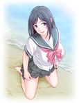  :d black_hair blue_eyes blush breasts collarbone kneeling large_breasts long_hair looking_at_viewer open_mouth original school_uniform serafuku shoumaru_(gadget_box) skirt smile solo 