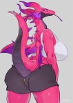  anthro ass bebebebe bebebebebe blue_eyes breasts butt clothed clothing dragon female furry horn looking_at_viewer looking_back membranous_wings non-mammal_breasts purple_tongue raised_tail scalie shirt shorts solo spikes standing tank_top tongue tongue_out wings zipper 