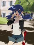  ahoge artrica bare_legs blue_eyes blue_hair casual contrapposto jacket long_hair marinette_dupain-cheng miraculous_ladybug open_clothes open_jacket shadow shorts solo standing twintails umbrella 