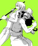  1boy 1girl back-to-back back_to_back color_background green green_background hat kyakya nami nami_(one_piece) one_piece spot_color suspenders tattoo usopp weapon 