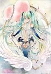  2012 artist_name bridal_gauntlets center_opening dated green_eyes green_hair hatsune_miku hatsune_miku_(append) heart long_hair mosho navel necktie signature solo thighhighs traditional_media twintails very_long_hair vocaloid vocaloid_append watercolor_(medium) wings 