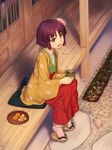  :d black_eyes blush clog_sandals cup food fruit h_kasei hieda_no_akyuu highres japanese_clothes looking_at_viewer mandarin_orange open_mouth orange pillow purple_hair short_hair sitting smile solo tabi tea touhou tray veranda yunomi 