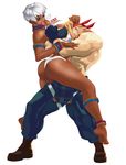  1girl alex_(street_fighter) anklet armlet ass bearhug between_breasts bikini blonde_hair blue_eyes boots bracelet breasts cleavage dark_skin elena_(street_fighter) fingerless_gloves gloves head_between_breasts heavy_breathing jewelry johnrokk large_breasts lifting long_hair muscle neck_ring one_eye_closed overalls ryona shirtless short_hair soles street_fighter street_fighter_iii_(series) sweat swimsuit thick_thighs thighs tongue tongue_out torogao white_hair 