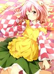  apron ayase_midori bell blush book checkered checkered_floor checkered_skirt clothes_writing eyewear_removed glasses hair_bell hair_ornament holding holding_eyewear long_sleeves looking_at_viewer lying motoori_kosuzu on_back one_eye_closed pillow pink_hair red_eyes short_hair skirt solo touhou 