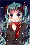  bad_id bad_pixiv_id blue_eyes blush bow green_eyes hair_bow hair_ornament hairclip hatsune_miku long_hair looking_at_viewer open_mouth red_scarf rinndouk scarf snow solo striped striped_scarf twintails vocaloid 
