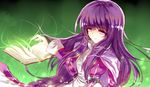  alternate_costume book capelet dqn_(dqnww) dress green_background highres long_hair no_hat no_headwear patchouli_knowledge purple_eyes purple_hair smile solo touhou 