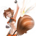  animal_ears antenna_hair armpits blazblue breasts brown_hair crop_top fingerless_gloves gloves highleg highleg_panties large_breasts makoto_nanaya orange_skirt panties punching red_eyes revealing_clothes short_hair skirt solo squirrel_ears squirrel_tail tail underboob underwear yama 