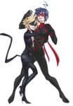  1girl ahoge animal_ears bell blonde_hair blue_eyes blue_hair boots breasts cat_ears cat_tail catsuit chat_noir cleavage felix_(miraculous_ladybug) genderswap genderswap_(ftm) genderswap_(mtf) green_sclera high_heels highres hug ileranerak ladybug_(character) marinette_dupain-cheng mask miraculous_ladybug polka_dot scarf shoes short_hair superhero tail thigh_boots thighhighs 