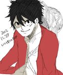  1boy black_hair dated hat hat_removed headwear_removed heart looking_at_viewer male male_focus monkey_d_luffy one_piece open_clothes open_shirt pixiv_manga_sample red_shirt scar shirt smile solo spot_color straw_hat yuzu_(ghrl5956) 