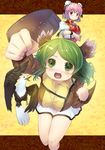  animal_ears bandages bird blush breasts bun_cover chain chinese_clothes clenched_hands cuffs danbo_(rock_clime) double_bun eagle flower green_eyes green_hair highres ibaraki_kasen kasodani_kyouko large_breasts long_sleeves looking_at_viewer multiple_girls open_mouth outstretched_arm perspective pink_eyes pink_hair puffy_sleeves raised_fist red_eyes rose shackles short_hair short_sleeves skirt smile tabard touhou 