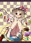  :o blonde_hair blush bow cake candy checkered checkered_background chocolate flandre_scarlet food hat hat_bow highres kazura letter lollipop looking_at_viewer md5_mismatch panties red_eyes scales sitting skirt slice_of_cake socks solo speech_bubble spoken_blush star swirl_lollipop table touhou underwear white_panties wings 