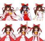  =_= alphes_(style) alternate_costume ascot black_hair blue_eyes bow brown_hair chemise closed_eyes cookie_(touhou) cup detached_sleeves gohei hair_bow hair_ornament hair_tubes hakurei_reimu hand_on_hip highres holding kaoru_(gensou_yuugen-an) long_hair long_sleeves looking_at_viewer multiple_views ofuda open_mouth panties parody pose shirt simple_background skirt skirt_set smile style_parody touhou underwear white_background white_panties wide_sleeves wind 