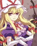  bad_id bad_pixiv_id blonde_hair breasts cleavage dress elbow_gloves gap gloves hat hat_ribbon lilith_(lilithchan) long_hair medium_breasts purple_eyes ribbon smile solo touhou white_gloves yakumo_yukari 