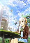  :d anzi bad_id bad_pixiv_id bird bow building bush chair cloud cup day dove flying hairband highres leaf long_hair long_sleeves open_mouth original petals red_eyes reflection sitting sky smile solo table traffic_light tree white_hair 
