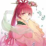  blush bubble chinese_clothes frills hagoromo hair_ornament hair_rings hair_stick hanfu hina_(xoxo) long_hair looking_back magi_the_labyrinth_of_magic open_mouth red_eyes red_hair ren_kougyoku shawl sleeves_past_wrists solo water 