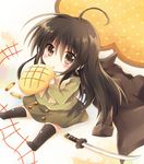  :o ahoge black_hair black_legwear blush bow bread brown_eyes brown_hair chibi coat coat_removed crayon food long_hair looking_at_viewer melon_bread school_uniform shakugan_no_shana shana shana-tan sitting solo sword tachitsu_teto thighhighs weapon 