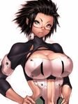  aki_(pso2) black_eyes black_hair bodysuit breasts cleavage fumio_(rsqkr) glasses hands_on_hips large_breasts navel phantasy_star phantasy_star_online_2 red-framed_eyewear short_hair simple_background sketch solo spiked_hair tiger_pierce white_background 