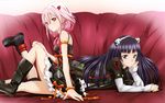  2girls absurdres bare_shoulders boots bracelet capri_pants dress guilty_crown hair_ornament hairclip hand_on_cheek hand_on_own_cheek hand_on_own_face highres jewelry katou_hiromi long_hair looking_at_viewer lying multiple_girls on_stomach pants pink_hair purple_eyes purple_hair red_eyes robot_ears sitting smile tsugumi_(guilty_crown) yuzuriha_inori 