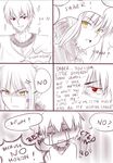  1girl anger_vein artoria_pendragon_(all) chibi comic english fate/stay_night fate_(series) gilgamesh jewelry monochrome necklace red_eyes rejection saber_alter sparkle spot_color tusia yellow_eyes 