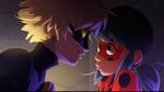  1girl adrien_agreste bell black_bodysuit blonde_hair blue_hair bodysuit chat_noir face-to-face green_sclera highres ladybug_(character) lips long_hair magical_girl marinette_dupain-cheng mask miraculous_ladybug nose official_art polka_dot shorts superhero twintails 