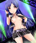  bad_id bad_pixiv_id bare_shoulders belt blue_hair blush breasts brown_eyes hand_on_hip highres idol idolmaster idolmaster_(classic) kisaragi_chihaya long_hair medium_breasts nipples open_clothes open_mouth open_shirt pink_diamond_765 shirt skirt solo stage wristband yoshimo 