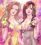  aerith_gainsborough bare_shoulders black_hair breasts brown_eyes brown_hair character_doll cleavage cloud_strife dress earrings final_fantasy final_fantasy_vii fingernails formal green_eyes hair_down jewelry large_breasts lips lipstick long_fingernails long_hair makeup multiple_girls nail_polish no_bra rumi_(ru_mix) sephiroth tifa_lockhart 