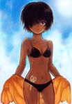  bad_id bad_pixiv_id bangs bikini black_bikini black_hair breasts brown_eyes cloud cowboy_shot dark_skin day hair_over_one_eye navel nazo_no_kanojo_x one_eye_covered ribs shawl short_hair sky small_breasts solo sun_tattoo swimsuit tan tanline tokiwa_osamu urabe_mikoto 