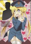  1girl alfredo_stroessner_matiauda blonde_hair blue_eyes blush emperor_mutsuhito genderswap genderswap_(mtf) hair_bun hands_clasped hat heart heart-shaped_pupils highres mc_axis military military_uniform moire open_mouth own_hands_together paraguay peaked_cap projected_inset scan shinozuka_atsuto silhouette symbol-shaped_pupils thighhighs translation_request twintails uniform white_legwear 