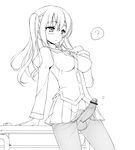  ? bar_censor blush censored desk erection futanari long_hair mofuringu monochrome pantyhose pointless_censoring question_mark shiny_skin skirt testicles 