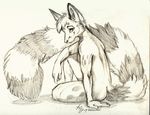  back back_turned cacomistle chester_ringtail_magreer fan_art fluffy_tail long_tail looking_at_viewer looking_back male mammal nude pencil pose ringed_tail sitting sketch solo terrie_smith 