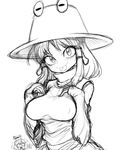  2girls :p bad_id bad_pixiv_id blush breast_suppress breasts commentary_request greyscale hair_tubes hat large_breasts looking_at_viewer monochrome moriya_suwako multiple_girls o_o sidelocks simple_background sketch smile space_jin tongue tongue_out touhou white_background yasaka_kanako 