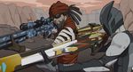  armor bandages beard black_hair borderlands borderlands_2 facial_hair gb_(doubleleaf) gloves goggles gun helmet mordecai_(borderlands) rifle sniper_rifle weapon zer0 