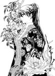  bad_id bad_pixiv_id balsa bangs beads camellia earrings expressionless floral_background floral_print flower from_side greyscale hair_beads hair_ornament japanese_clothes jewelry katsura_(+araka) lips long_hair looking_away monochrome peony_(flower) ponytail profile seirei_no_moribito 
