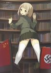  book brown_hair chair genderswap genderswap_(mtf) hammer_and_sickle highres jozef_klemens_pilsudski kurasawa_moko library looking_back mc_axis military military_uniform miniskirt moire nazi_flag open_mouth panties pantyshot partially_translated pleated_skirt poland red_eyes scan scan_artifacts short_hair skirt solo soviet_flag standing swastika text_focus thighhighs too_literal translation_request underwear uniform white_legwear white_panties 