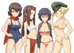  bikini black_eyes black_hair blonde_hair breast_hold breasts brown_eyes brown_hair caesar_(girls_und_panzer) cleavage covered_navel cowboy_shot erwin_(girls_und_panzer) fundoshi girls_und_panzer glasses goggles goggles_on_headwear hachimaki hand_on_headwear hand_on_hip hands_on_hips haori hat headband jacket_on_shoulders japanese_clothes kimono large_breasts long_hair looking_at_viewer messy_hair military_hat multiple_girls navel one-piece_swimsuit one_eye_closed open_clothes open_kimono oryou_(girls_und_panzer) peaked_cap red-framed_eyewear red_bikini saemonza sarashi scarf school_swimsuit semi-rimless_eyewear short_hair short_ponytail simple_background small_breasts string_bikini striped striped_bikini striped_swimsuit swimsuit tenchisouha under-rim_eyewear white_background yellow_bikini 