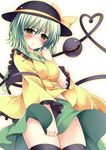  black_legwear blush breasts green_eyes green_hair hat hat_ribbon highres komeiji_koishi kusano_(torisukerabasu) medium_breasts ribbon short_hair simple_background skirt solo thighhighs third_eye touhou white_background 