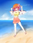  beach cloud day earrings hat highres horizon jewelry krace mystia_lorelei ocean one_eye_closed outdoors pink_hair sandals skirt sky smile solo tank_top touhou water wings yellow_eyes 