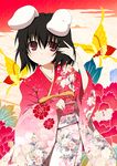  alternate_costume animal_ears black_hair bug bunny_ears butterfly floral_print inaba_tewi insect japanese_clothes kimono kujiran looking_at_viewer red_eyes short_hair smile solo touhou 