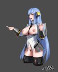  1girl arm_up bangs beeeeen between_breasts black_legwear blue_hair bottomless breasts breasts_outside censored collared_shirt commentary_request cropped_legs female_pubic_hair grey_background headset highres holding hraesvelgr_(last_origin) korean_commentary large_breasts last_origin long_hair looking_away mosaic_censoring necktie necktie_between_breasts nipples open_clothes open_mouth open_shirt pubic_hair shirt simple_background solo thighhighs very_long_hair white_shirt yellow_eyes 
