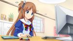  artist_request blue_eyes bow brown_hair chest_of_drawers computer curtains desk flower_pot hair_ornament hair_tie highres keyboard_(computer) long_hair madobe_ai madobe_yuu microsoft monitor mouse os-tan photo_(object) picture_frame plant school_uniform serafuku side_ponytail smile solo tablet window windows_8 