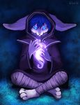  blue_eyes blue_hair falvie glowing hair lagomorph magic magic_user male mammal rabbit robe sitting solo 