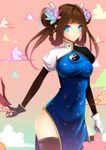  1girl blue_eyes braid brown_hair china_dress chinese_clothes dress gloves highres koyaya long_hair solano solo 