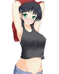  armpits bad_id bad_pixiv_id black_hair blush green_eyes hair_ornament hairclip highres jacket kirigaya_suguha nagamon navel solo sword_art_online tank_top track_jacket undressing 