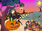  absurdres black_hair borrowed_character halloween hat highres jack-o'-lantern long_hair looking_at_viewer note-chan ootengu open_mouth original smile solo star tombstone witch_hat 