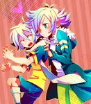  bad_id bad_pixiv_id blush brothers crossover fubuki_atsuya fubuki_shirou gloom_(expression) green_eyes heart highres inazuma_eleven inazuma_eleven_(series) inazuma_eleven_go komusun male_focus multiple_boys older one_eye_closed open_mouth orange_eyes raglan_sleeves raimon raimon_soccer_uniform scarf siblings soccer_uniform sportswear sweat time_paradox 