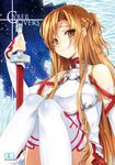  asuna_(sao) bare_shoulders blush breastplate brown_eyes brown_hair cover cover_page creayus detached_sleeves holding long_hair sitting skirt smile solo sword sword_art_online thighhighs weapon white_legwear 