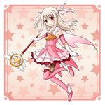  ankle_wings boots cape dress earrings elbow_gloves fate/kaleid_liner_prisma_illya fate_(series) feathers gloves hair_feathers holding holding_wand illyasviel_von_einzbern jewelry kaleidostick knee_boots long_hair magical_girl pink_footwear pouch prisma_illya red_eyes ria_(arinakanomiu) smile solo thigh_strap wand white_hair 